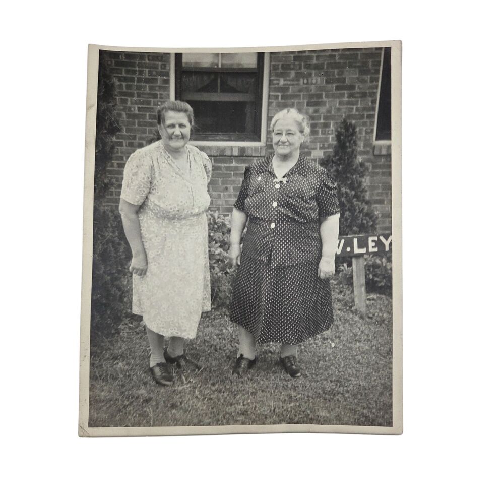 Vintage 1940s Photo Two Women In Patterned Dresses Outside Brick House 8x10